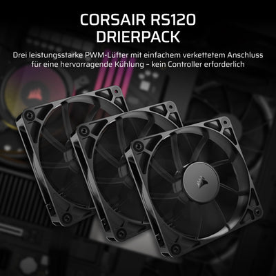 CORSAIR RS120 120mm PWM-Lüfter – Daisy-Chain-Verbindung – Geräuscharm – Magnetisches Dome-Lager – Dreierpack – Schwarz