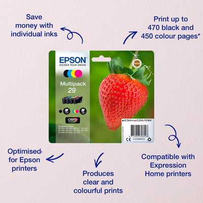 Epson Original 29 Tinte Erdbeere, XP-235 XP-332 XP-335 XP-432 XP-435 XP-245 XP-342 XP-345 XP-442 XP-445 XP-247 XP-257 XP-255 XP-352 XP-355 XP-452 XP-455, (Multipack 4-farbig)