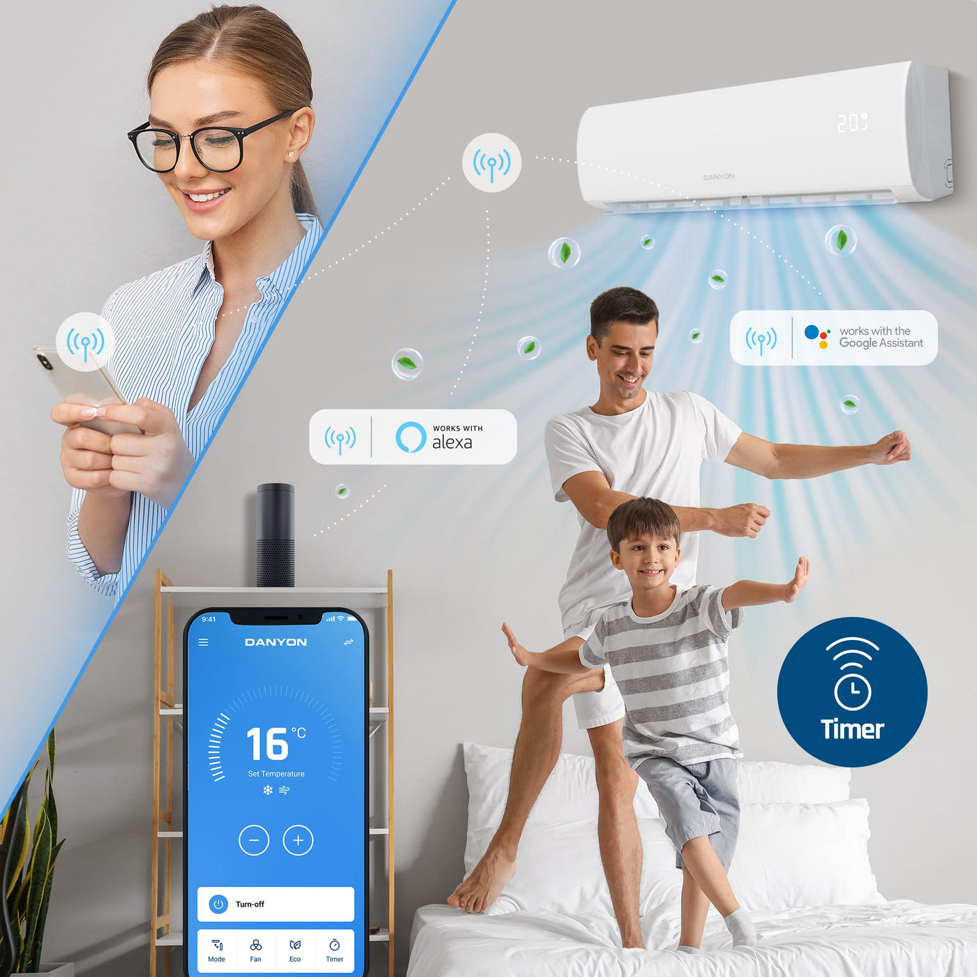 Danyon Klimaanlage Split - 12000 BTU - 3,4 kW, Selbstreinigung, leise, Smart Home, Inverter Klimagerät mit Heizfunktion, Splitgerät vorgefüllt mit R32 Kältemittel, Timer, bis 59 m2, 5m Komplettset