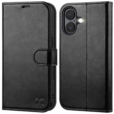 OCASE iPhone 16 Hülle Handyhülle Premium PU Leder, Kartenfach Standfunktion, RFID Schutzhülle, Klapphülle Handytasche Lederhülle Kompatibel für iPhone 16 6,1 Zoll Schwarz