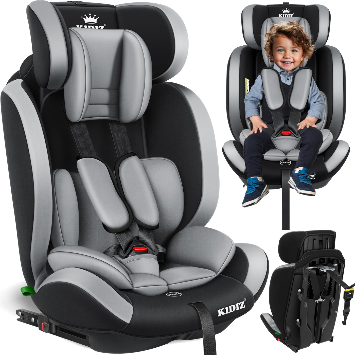 KIDIZ® Autokindersitz Kinderautositz mit Isofix Gruppe 1+2+3 9-36 kg 5-Punkt-Sicherheitsgurt, Autositz, Kindersitz, Einstellbare Kopfstütze | Mitwachsende Sitzerhöhung 1-12 Jahre, Stabil und Sicher