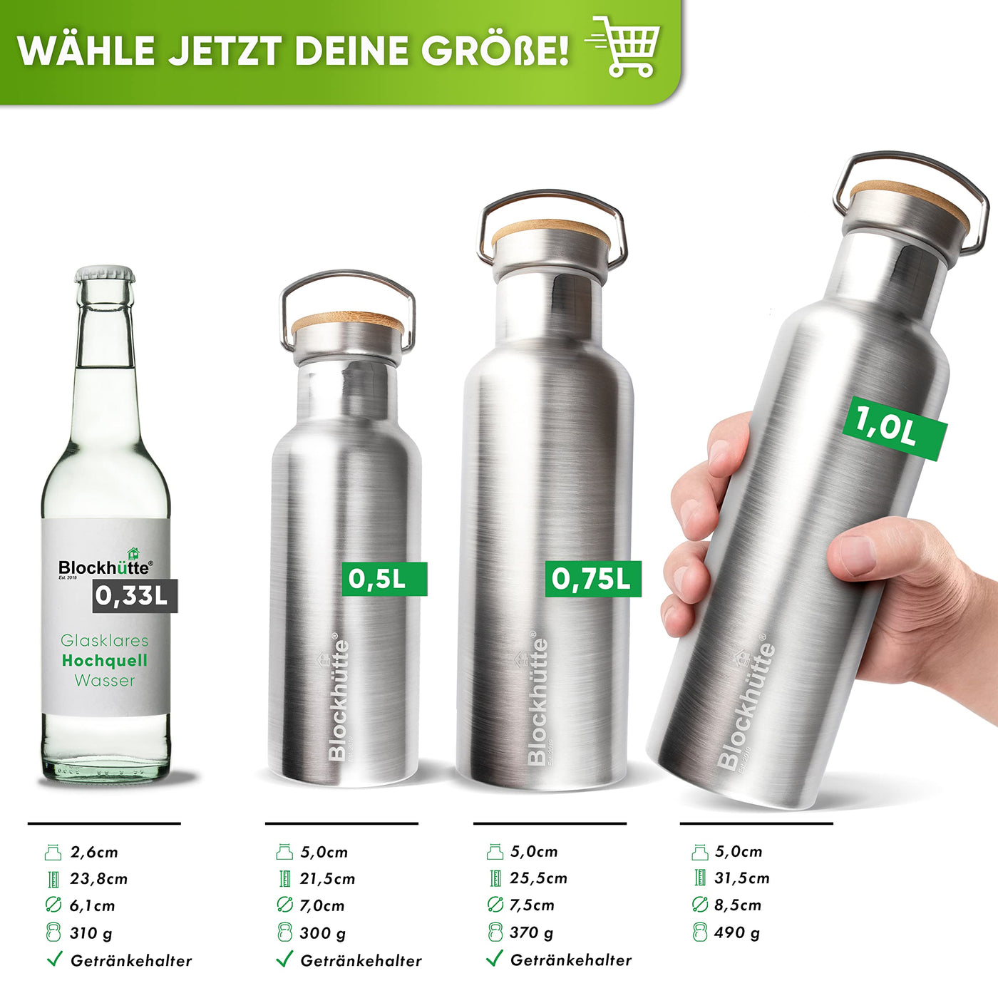 Blockhütte Premium Edelstahl Trinkflasche isoliert I 750ml I mit Naturborsten Bürste I Isolierflasche auslaufsicher I Wasserflasche spülmaschinenfest für Sport & Freizeit I BPA Frei