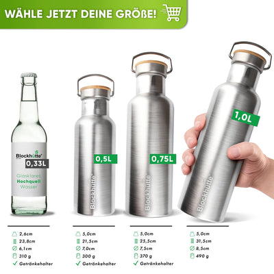 Blockhütte Premium Edelstahl Trinkflasche isoliert I 1L I mit Naturborsten Bürste I Isolierflasche auslaufsicher I Isoflasche spülmaschinenfest für Uni, Büro I BPA Frei