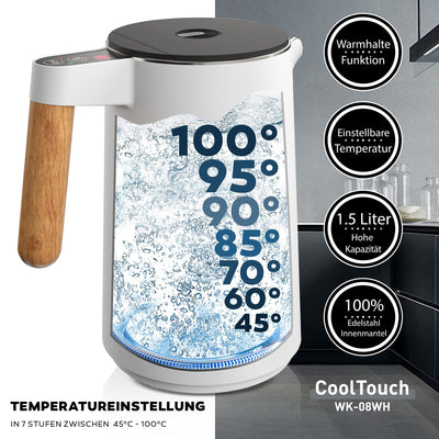 BALTER Edelstahl Wasserkocher mit Temperatureinstellung, 45°C-100°C, Doppelwand, BPA frei, leise & kabellos, Warmhaltefunktion, Teekocher mit Temperaturanzeige, 1.5L, 2200W, Weiß