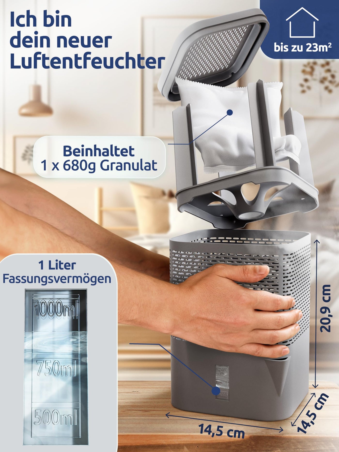 BonAura® AirOne Luftentfeuchter ohne Strom bis 23m² I 360° Belüftung I Raumentfeuchter mit Ausgießer & 680g Luftentfeuchter Granulat I Schimmel- und Geruchsschutz I Raum Entfeuchter Wohnung