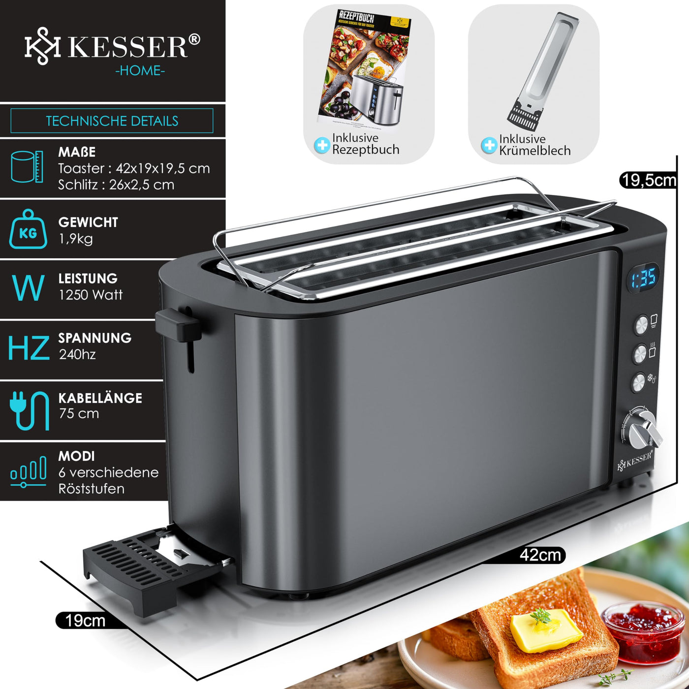 KESSER® Toaster mit Brötchenaufsatz, Automatik-Langschlitztoaster mit 6 Bräunungsstufen + Auftau- & Aufwärmefunktion, Abschaltautomatik, Liftfunktion, inkl. Krümelblech und Rezeptbuch Anthrazit