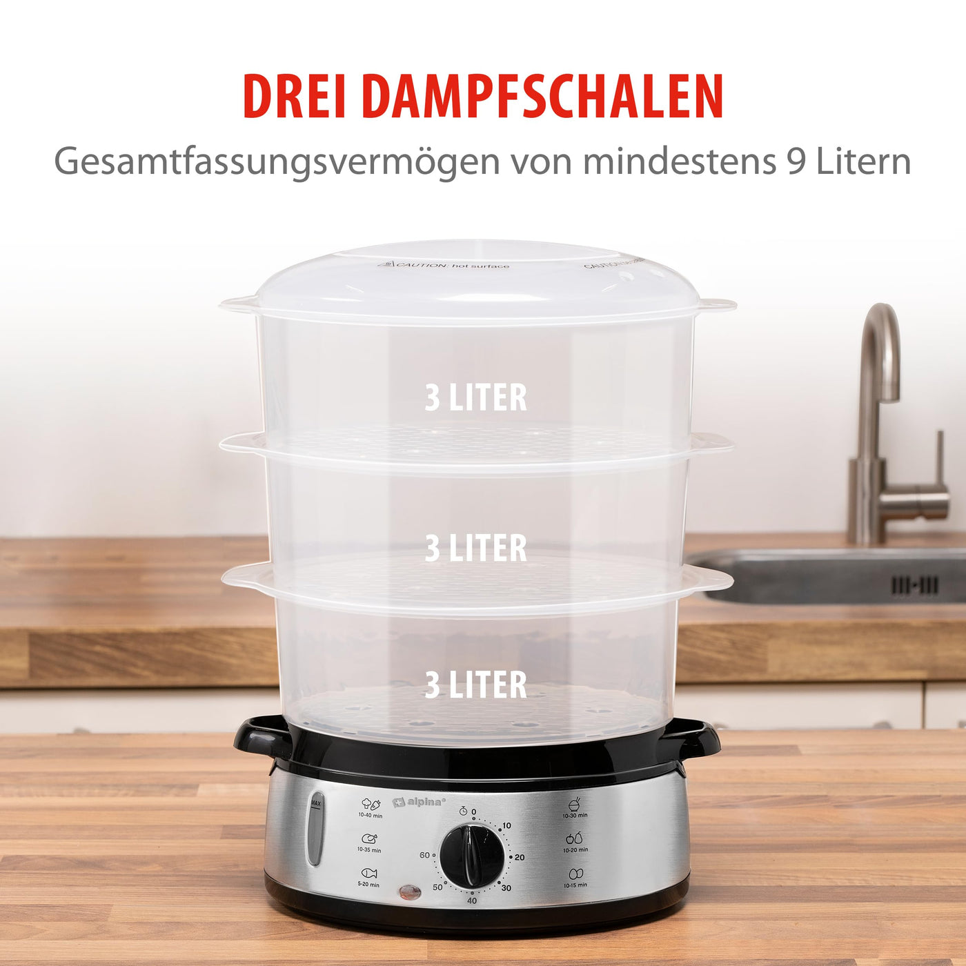 alpina Dampfgarer - Dampfmaschine 230V/800W - 3 Schicht Topf - BPA Frei - Dampftopf Spülmaschinenfest - in 0 bis 60 Minuten Einsatzbereit - 9 Liter Fassungsvermögen - Kunststoff/RVS - Grau