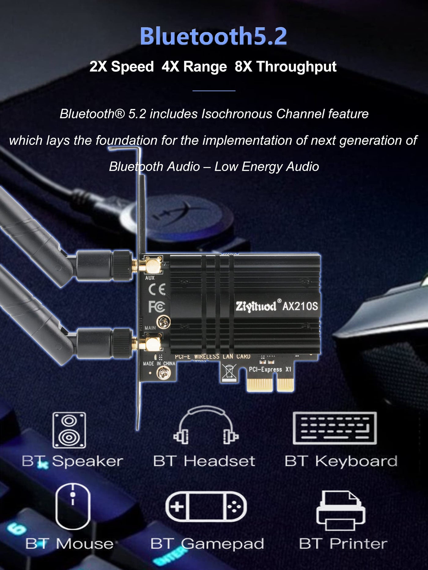 WLAN Karte, Intel AX210 Bluetooth5.2, Bis zu 5400Mbit/s Tri-Bands(6G/5G/2.4G) WLAN PCIe WiFi 6 Karte für Windows 11/10(64bit)