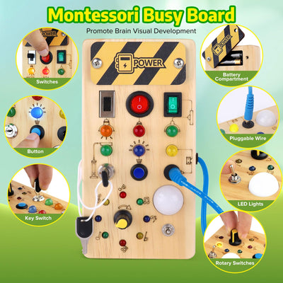 Hoarosall Montessori Spielzeug Busy Board mit LED Lichtschalter Activity Board Holzspielzeug ab 1 Jahr Motorikspielzeug Sensorik Spielzeug Lernspielzeug für Babys und Kleinkinder ab 1 2 3 4 Jahre