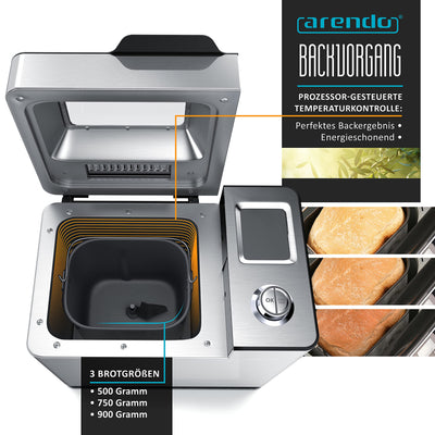 Arendo - Brotbackautomat inkl. automatisches Zutatenfach - Brotbackmaschine - 25 Programme - glutenfreies Backen – Joghurtfunktion - 1 kg Kapazität - Direktantrieb - Antihaftbeschichtung - BPA-frei