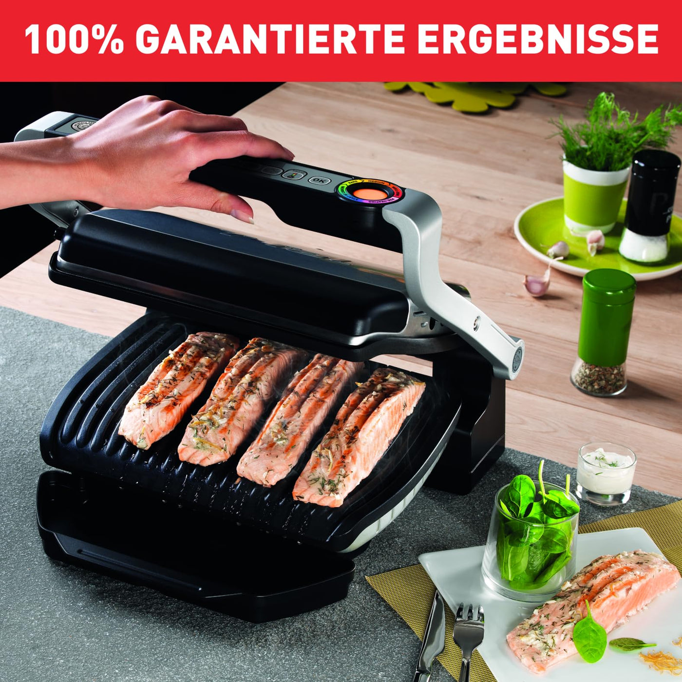 Tefal OptiGrill+ Kontaktgrill, 6 Programme, Garstufenanzeige, Abnehmbare Platten, Manueller Modus, Elektrogrill, Edelstahl, GC712D12