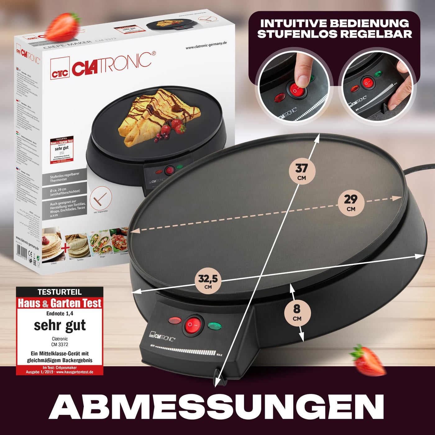 Clatronic Crepes Maker für Crepes mit Ø 29 cm | Crepe Maker inkl. Teigverteiler | antihaftbeschichter Oberfläche | Stufenlos regelbarer Thermostat u. Backampel | Pfannkuchen Maker mit 900 W | CM 3372