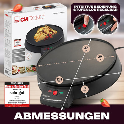 Clatronic Crepes Maker für Crepes mit Ø 29 cm | Crepe Maker inkl. Teigverteiler | antihaftbeschichter Oberfläche | Stufenlos regelbarer Thermostat u. Backampel | Pfannkuchen Maker mit 900 W | CM 3372