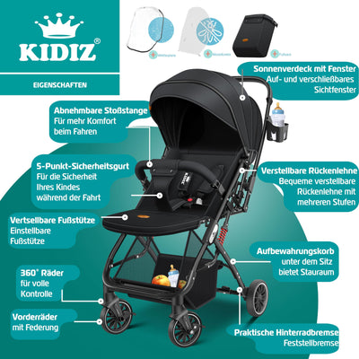 KIDIZ® Kinderwagen Kinderbuggy klappbar Liegebuggy Sportwagen Faltbar 360° Räder 5-Punkt Gurt Inkl. Fußsack, Getränkehalter, Regenabdeckung & Moskitonetz verstellbare Rückenlehne & Sonnenverdeck