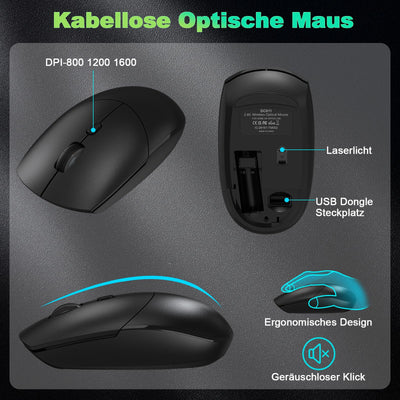 cimetech Tastatur Maus Set Kabellos, 2.4G Ergonomische Funktastatur mit Maus mit Handballenauflage und Ständern Tastatur Kabellos mit Ziffernblock Funkmaus 1600DPI für Windows Computer Laptop PC