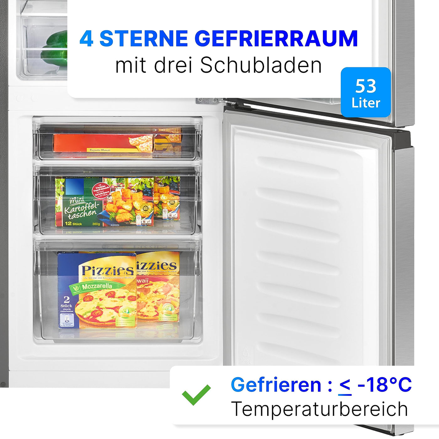 Bomann® Kühlschrank mit Gefrierfach 143cm hoch | Kühl Gefrierkombination 175L mit 3 Ablagen & 3 Schubladen | Türanschlag wechselbar | leise Kühlgefrierkombi 39db | Kühlschrank KG 320.2 inox