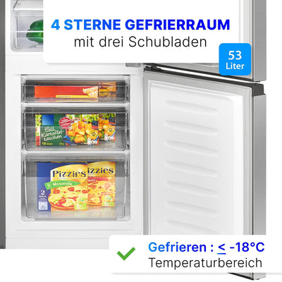 Bomann® Kühlschrank mit Gefrierfach 143cm hoch | Kühl Gefrierkombination 175L mit 3 Ablagen & 3 Schubladen | Türanschlag wechselbar | leise Kühlgefrierkombi 39db | Kühlschrank KG 320.2 inox