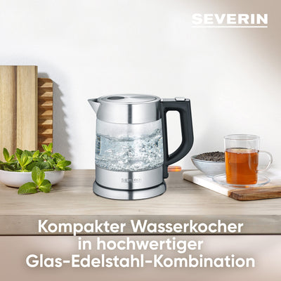 SEVERIN Glas Wasserkocher, 1.0L, leistungsstarker und kompakter Wasserkocher in hochwertigem Design, elektrischer Wasserkocher mit Kalkfilter, Edelstahl/schwarz, WK 3468