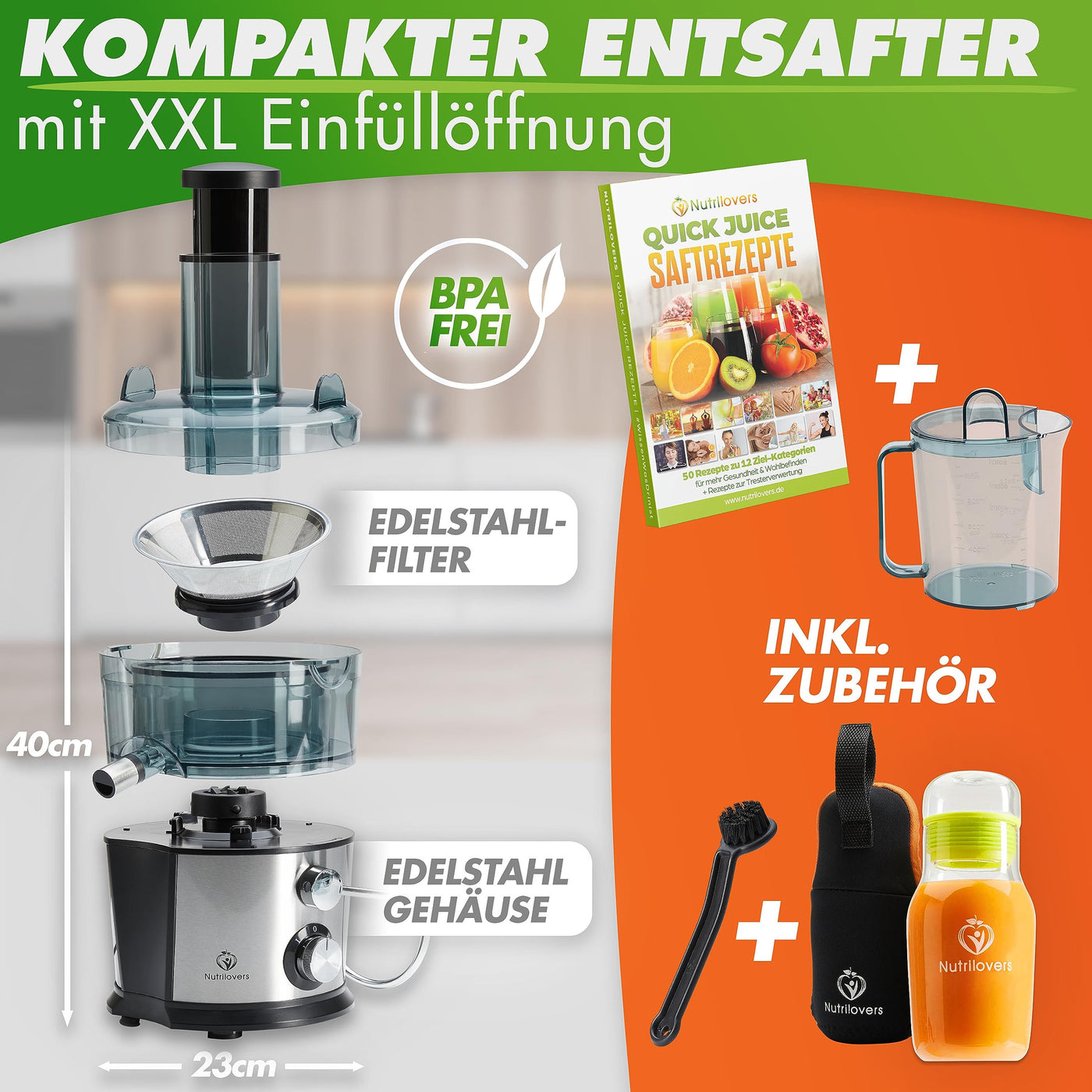 Nutrilovers *Testsieger* QUICK-JUICER Entsafter Edelstahl Obst und Gemüse I XXL-Einwurf für ganze Früchte entsaften, 800W, 2 Geschwindigkeiten, BPA-frei inkl. Trinkflasche + Rezepte Buch & App