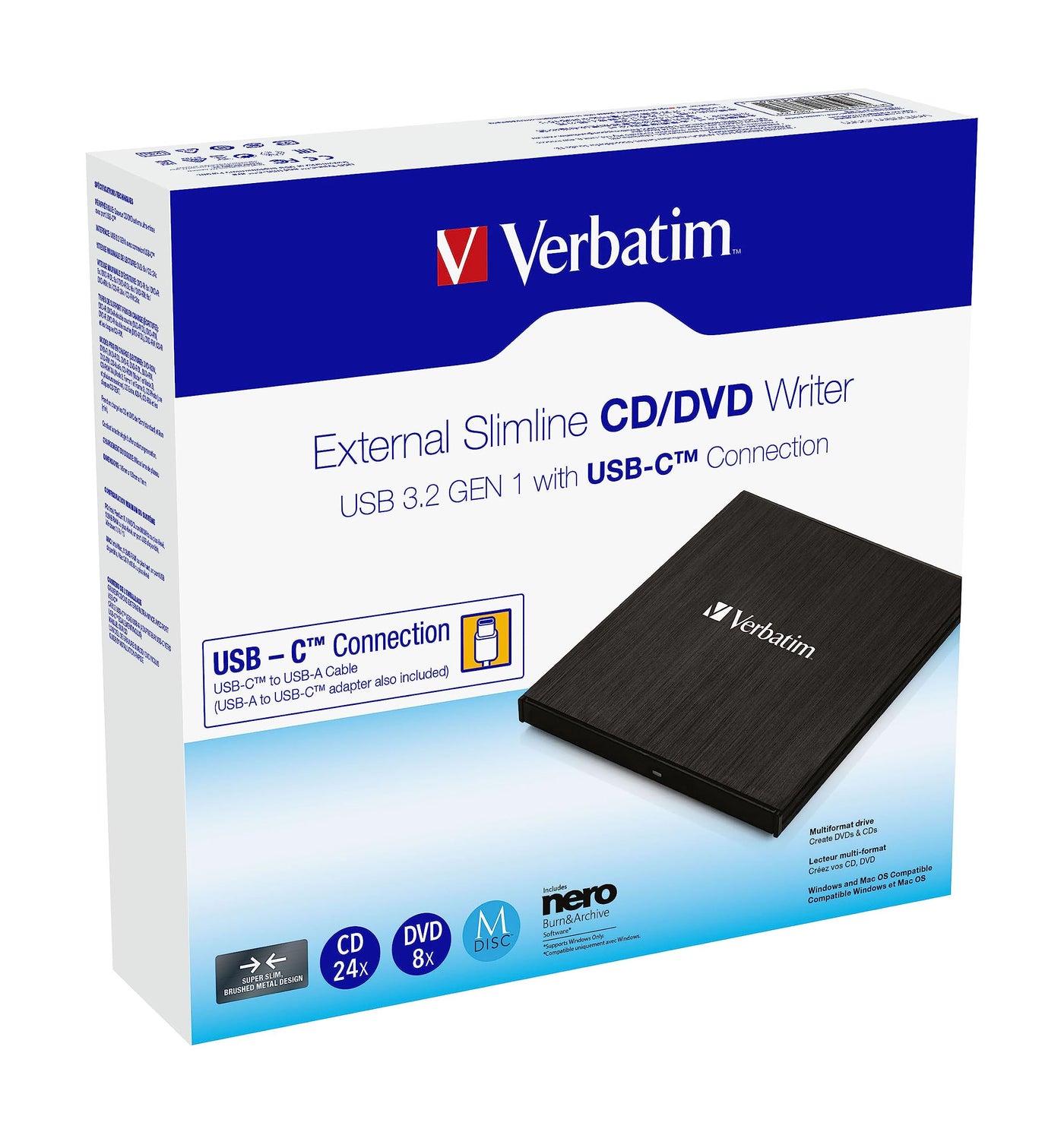 Verbatim External Slimline CD/DVD Writer, USB 3.2 Gen1 mit USB-C Anschluss inkl. USB-C auf USB-A-Kabel, kompaktes Design, Externer DVD-Brenner, Externes CD-Laufwerk, Schlankes Design