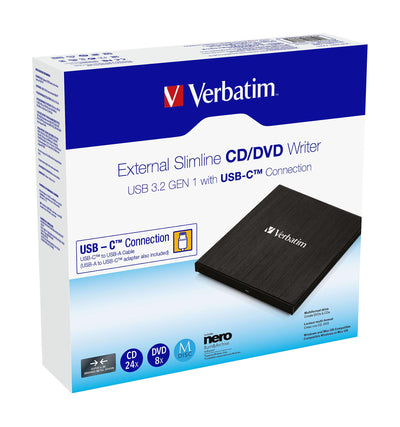 Verbatim External Slimline CD/DVD Writer, USB 3.2 Gen1 mit USB-C Anschluss inkl. USB-C auf USB-A-Kabel, kompaktes Design, Externer DVD-Brenner, Externes CD-Laufwerk, Schlankes Design