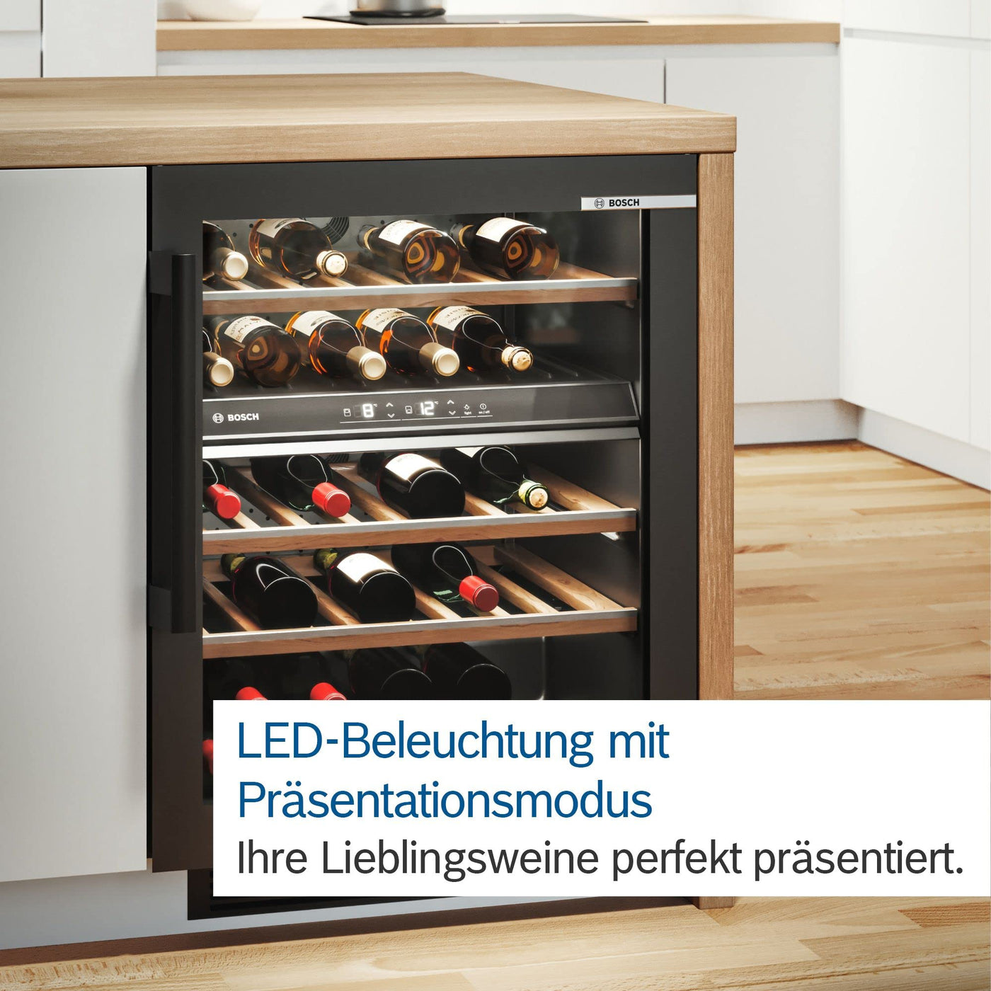 Bosch KWK36ABGA Serie 6 Weinkühlschrank, 186 x 60 cm, 199 Flaschen, Temperatur: 5-20 °C, zwei Temperaturzonen, 405 L, LED-Beleuchtung gleichmäßige Ausleuchtung, ausschaltbares Präsenterlicht