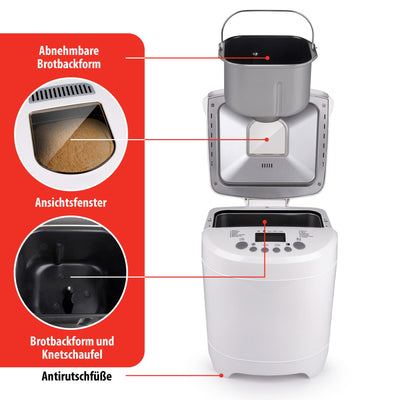 alpina Brotbackautomat - Brotbackmaschine - kleine bis große Brote: 450-680-900 Gramm - Timer - 12 Backprogramme - auch für Kuchen, Marmelade und Ketchup - 600W, Weiß