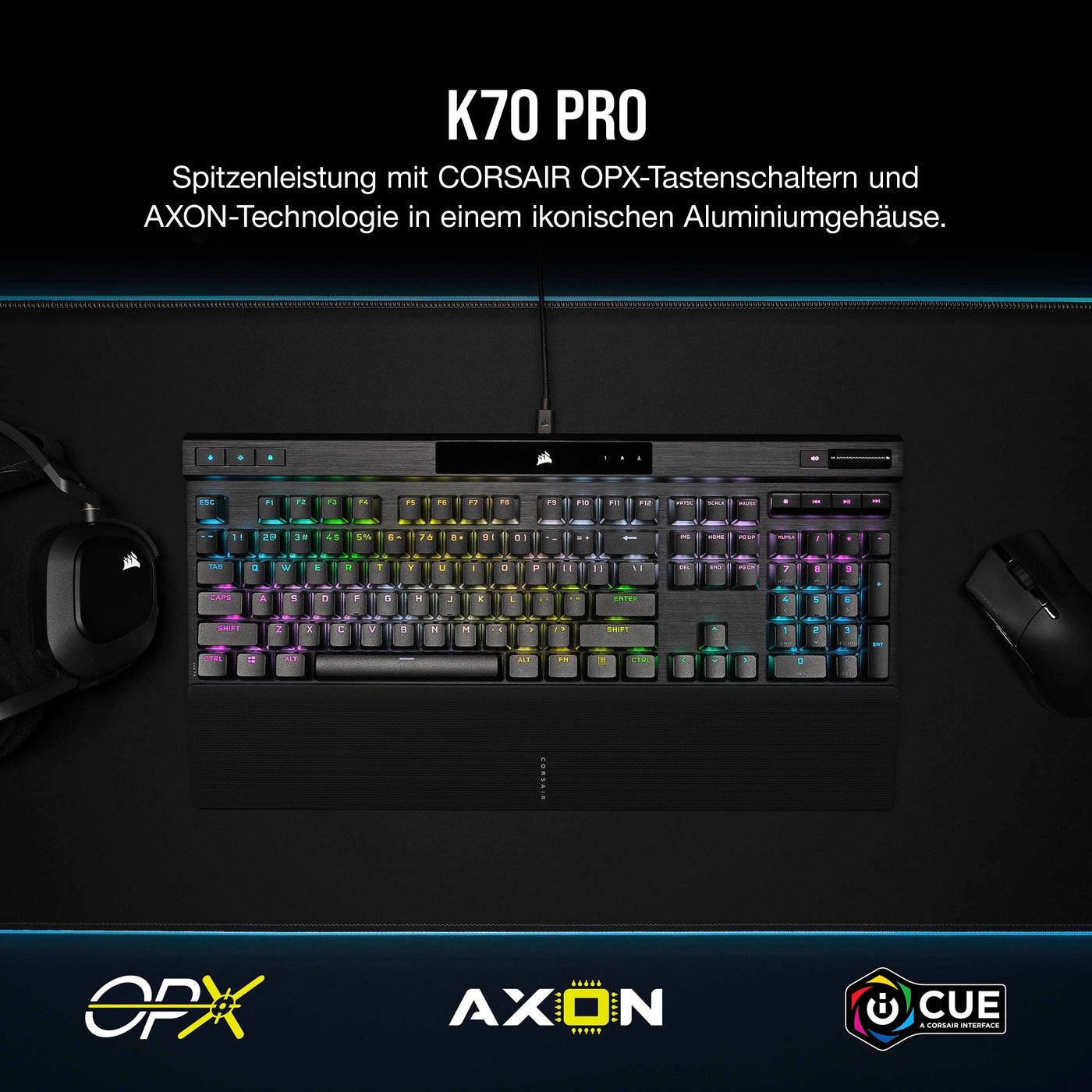 Corsair K70 PRO RGB Optisch-Mechanische Kabelgebundene Gaming-Tastatur - OPX Linear-Schalter - PBT Double-Shot-Tastenkappen - iCUE-kompatibel - QWERTZ DE - PC, Xbox - Schwarz