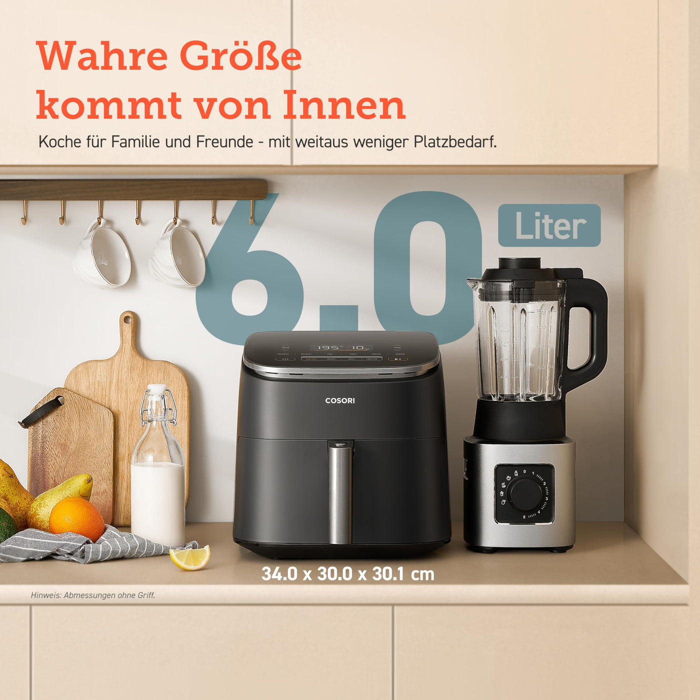 Cosori Turboblaze Heißluftfritteuse Airfryer, 9-in-1 Air Fryer XXL 6L, leiser DC Motor mit 5 Geschwindigkeitsstufen, Grillen, Backen, Gären, Dehydrieren, Tiefkühlen, 87 Rezepte, 64% energiesparend