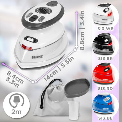 Duronic SI3 WE Mini Reisebügeleisen, 400W Mini Bügeleisen, Dampfbügeleisen 35ml Wassertank, kleines Reisebügeleisen dampf, Handbügeleisen Keramikfläche, für Kleidung nähen, 2 Betriebsspannungen