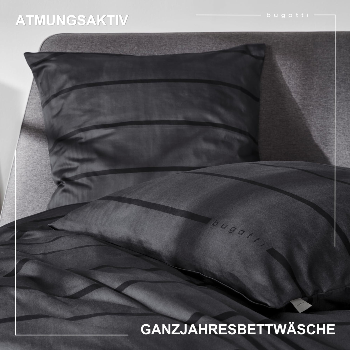 bugatti Bettwäsche 135x200 cm - Satinbettwäsche anthrazit/schwarz, 100% Baumwolle, 2 teilig mit Reißverschluss