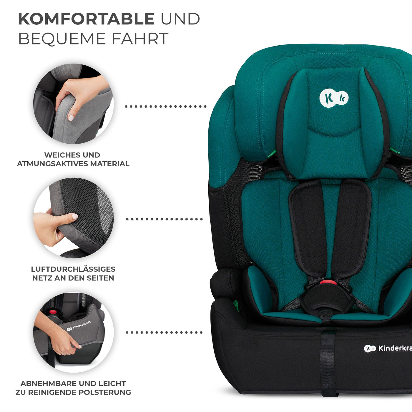 Kinderkraft Kinderautositz COMFORT UP I-SIZE, Autokindersitz, Autositz, Kindersitz, für Kinder von 76-150 cm, 5-Punkt-Sicherheitsgurt, Einstellbare Kopfstütze, ECE R129/03, Grün