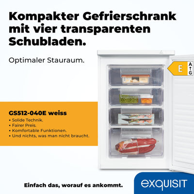 Exquisit Gefrierschrank, Tiefkühlschrank mit 4 Schubladen, 4-Sterne-Gefrieren, 91 Liter, Gefrierschrank klein, GS512-040E weiss