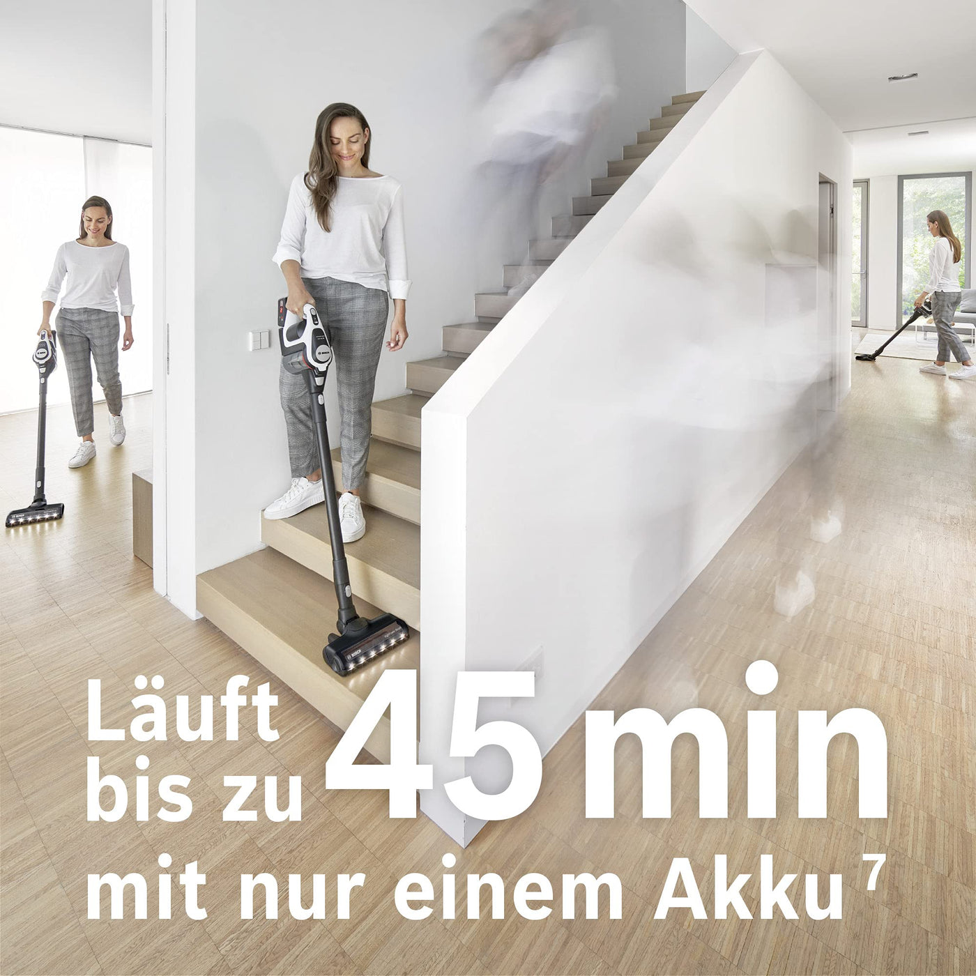 Bosch Akku-Staubsauger Unlimited Gen2 Serie 8 BKS8214W, beutellos, bis 45 Min Laufzeit, austauschbarer Akku, LED-Beleuchtung, automatische Anpassung an alle Bodenarten, XXL-Polsterdüse, weiß