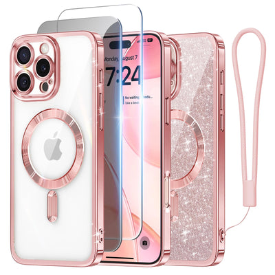 Meifigno Hülle Entwickelt für iPhone 16 Pro, [Kompatibel mit MagSafe][1 Stück HD Clear + 1 Stück Privacy] [Glitzerkarte & Handschlaufe] Vollständiger Kameraschutz für 6.3 Zoll Handyhülle, Roségold