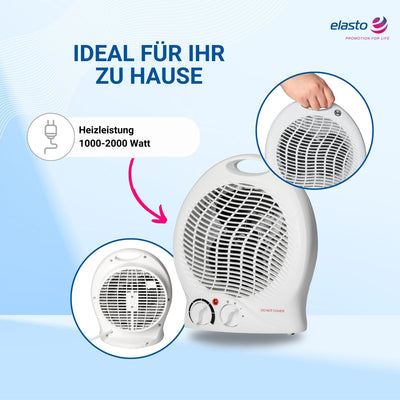 elasto – Heizlüfter 'Mobil' 2000W inkl. Ventilator – Standventilator sehr leise - tragbares Heizgerät mit Thermostat & 4-Stufen-Schalter - energiesparender Fan & Lüfter (Weiß)