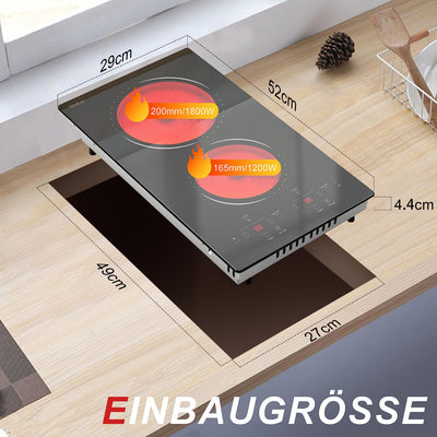 Glaskeramikkochfeld 2 Zonen mit Stecker, Hobsir Einbau Kochfelder 30cm, 3000W, Touch-Steuerung, Doppelte Zone, 9 Heizstufen, Sicherheitssperre, Zeitschaltuhr