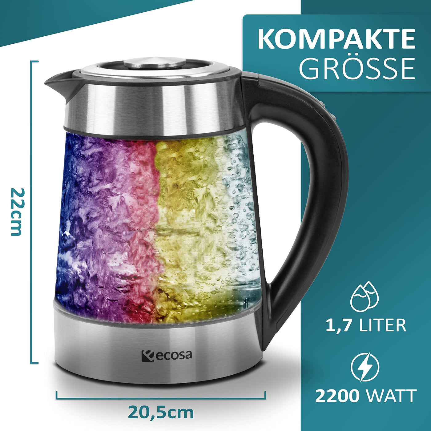 Glas Wasserkocher 1,7 Liter | 2200 Watt | Edelstahl mit Temperaturwahl | Teekocher | 100% BPA FREI | Warmhaltefunktion | LED Beleuchtung im Farbwechsel | Temperatureinstellung (40°C-100°C)