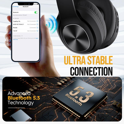 TuneFlux Bluetooth Kopfhörer Over Ear, 80 Std Akkulaufzeit, Kabellos Bluetooth Kopfhörer mit 3 EQ-Modi, HiFi-Stereo, Eingebautes Mikrofon, Faltbares Wireless Kopfhörer-Schwarz