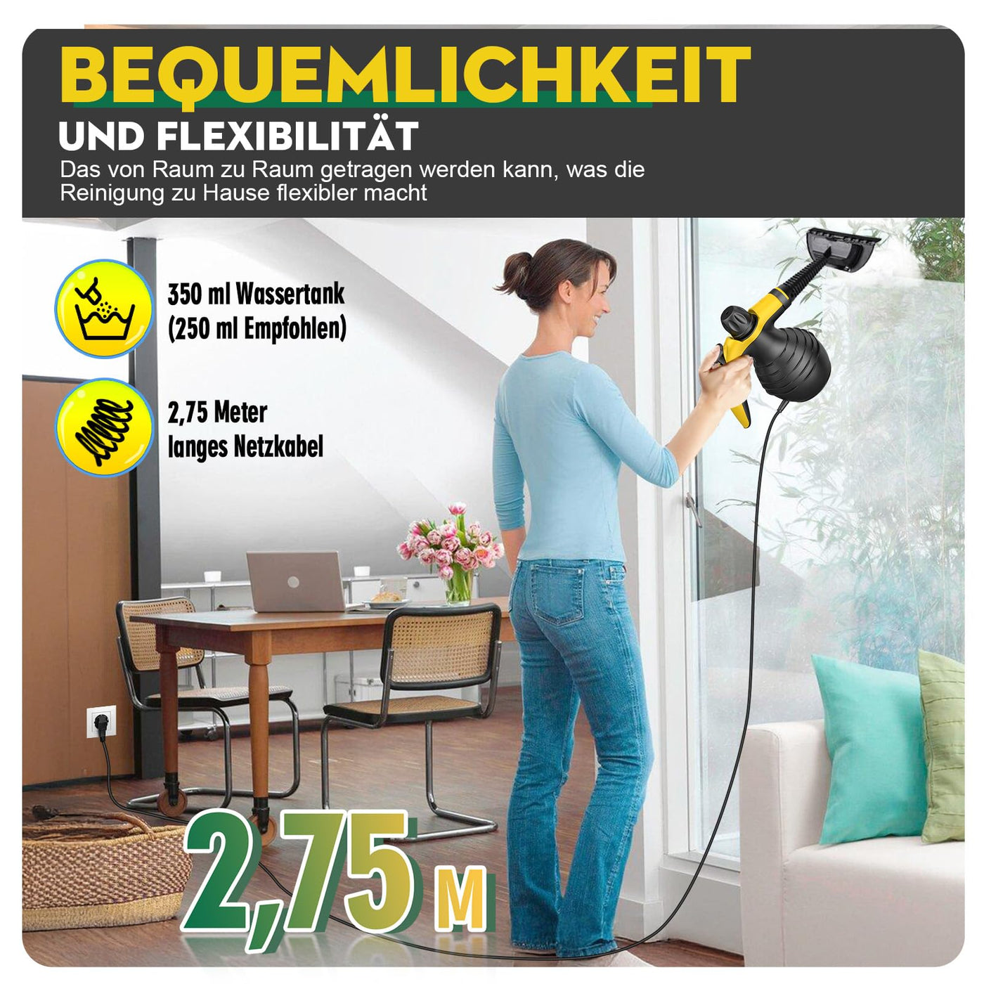 Dampfreiniger, 1050W Hochleistung Dampfreiniger Handgerät, Mit 9 speziellen Fleckenentfernungszubehörteilen, Ideal für Bodenreinigung, Auto, Bad, Dusche, Polstermöbel, Fenster und Fettabreinigung