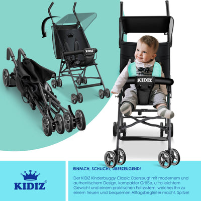 KIDIZ® Kinderwagen CITY Buggy Kinderbuggy klappbar Sportwagen Faltbar 360° 4-Zoll-Räder Inkl. Sonnen- und Regenverdeck zusammenklappbar 5-Punkt-Sicherheitsgurt ab 6 Monate, Schwarz