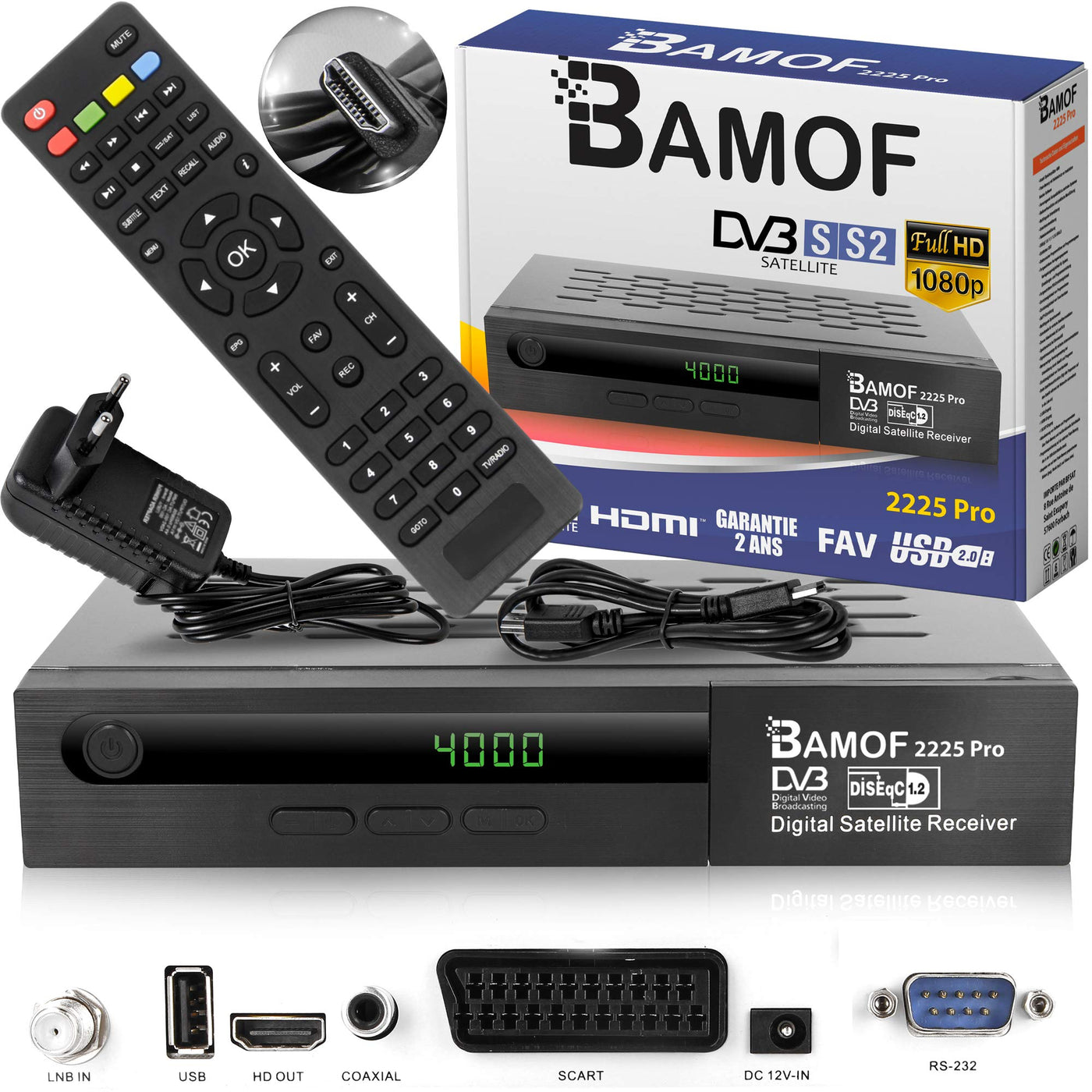 Récepteur satellite numérique Bamof 2225 PRO (HDTV, DVB-S/DVB-S2, HDMI, SCART, 2X USB, Full HD 1080p) [Préprogrammé pour Astra, Hotbird et Türksat] + câble HDMI