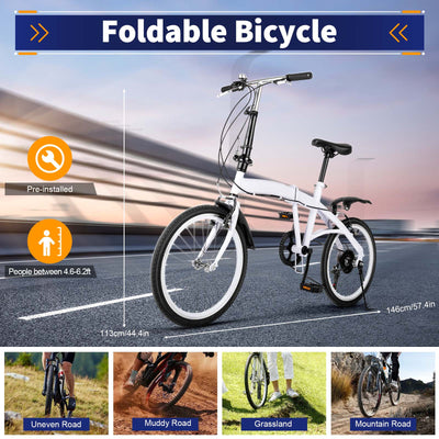 ERnonde 20 Zoll Erwachsene Faltrad, Klappfahrrad 6-Gang Doppel V-Bremse Fahrrad, Höhenverstellbar Klapprad Camping City Bike Gift Weiß