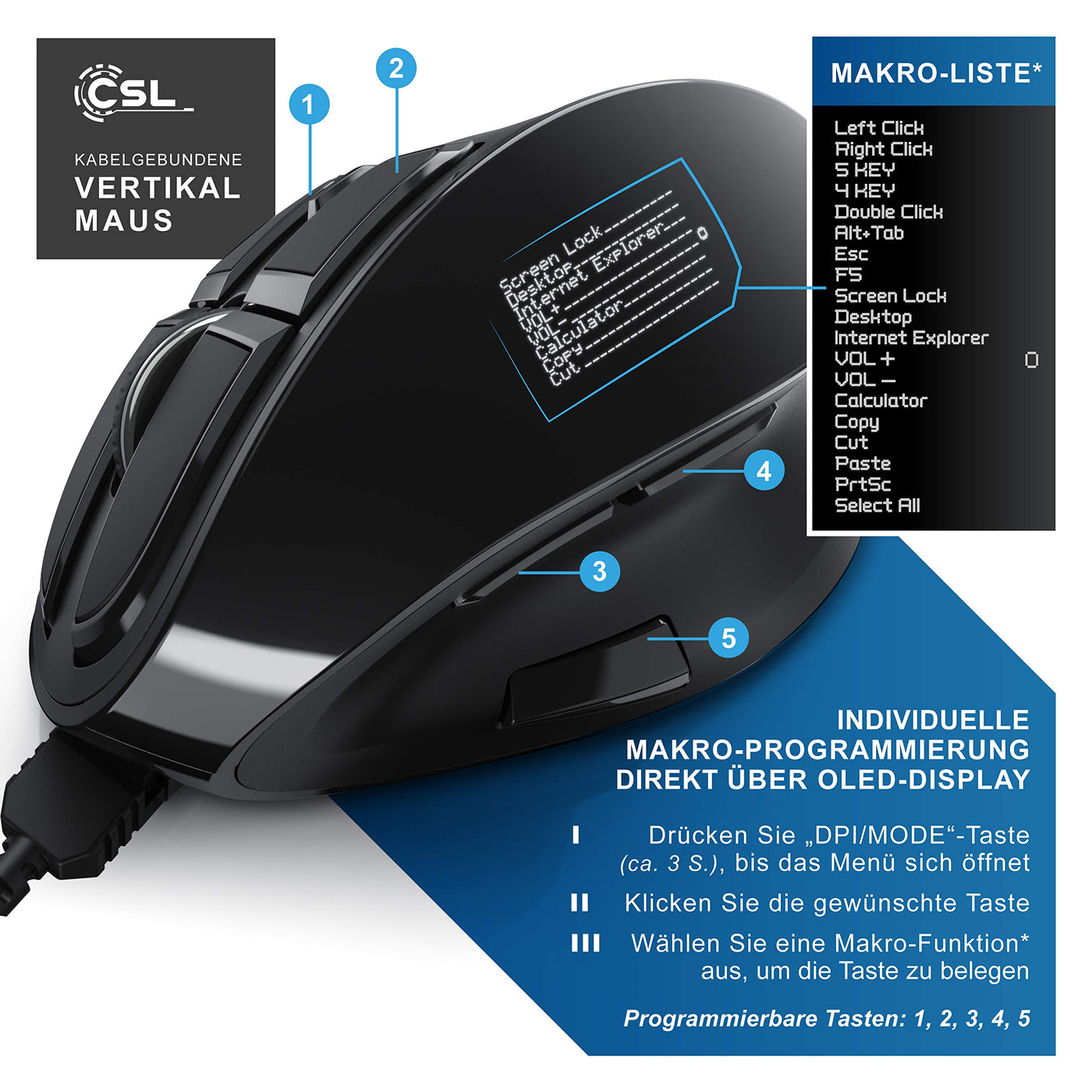 CSL - Gaming vertikale Maus mit OLED Display 2400 DPI - programmierbare Tasten - Office Mouse – mit Kabel - kabelgebunden - gegen Mausarm - mit Kailh Switche - Vertikalmaus ergonomisches Design