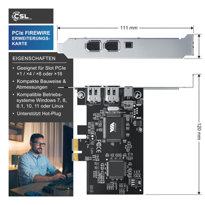 CSL PCI Firewire Karte Erweiterungskarte PCI-E 3 Anschlüsse 1394a Controller-Karte 2 x 6 Pin und 1 x 4 Pin für Desktop-PC