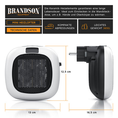 Brandson - Steckdosen Heizlüfter mit Fernbedienung, 700 W stufenlose Temperaturregelung 15-30°C mit Thermostat, Timer 1-12 Stunden, Überhitzungsschutz, Heizung mit Thermostat - leise – weiß