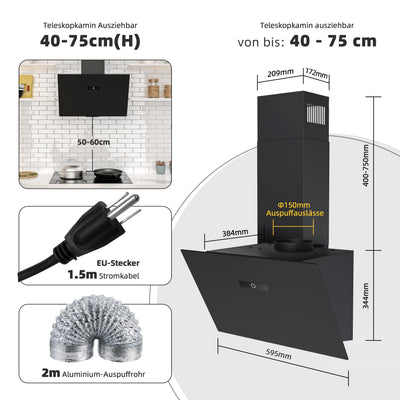 FIREGAS Dunstabzugshaube 60 cm mit Bürstenloser Motor, Schwarz Glas, 571m³/h Luftstrom, TouchControl, 9 Stufen, Umluft & Abluft, mit Gasdruckfeder, Kopffreie Wandhaube, Schwarz