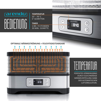 Arendo - Dörrautomat mit Temperaturregler - Edelstahl Dörrgerät für Lebensmittel Fleisch Früchte Gemüse - 260 W - mit Timer bis zu 72 h - 35-70 Grad - 5 Einlegefächer - GS - Dehydrator - BPA frei