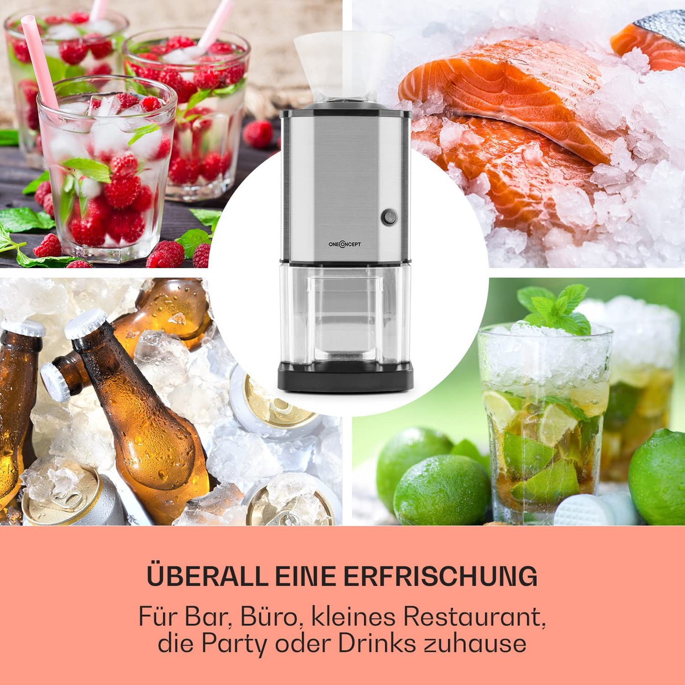 Oneconcept Crushed Ice Maschine, Schneller Crushed Ice Maker mit Auffangschale, Eiscrusher Elektrisch mit 3,5L Fassungsvermögen, Tragbare Eiscrusher Maschine, Crushed Ice-Maschinen für 15kg/h