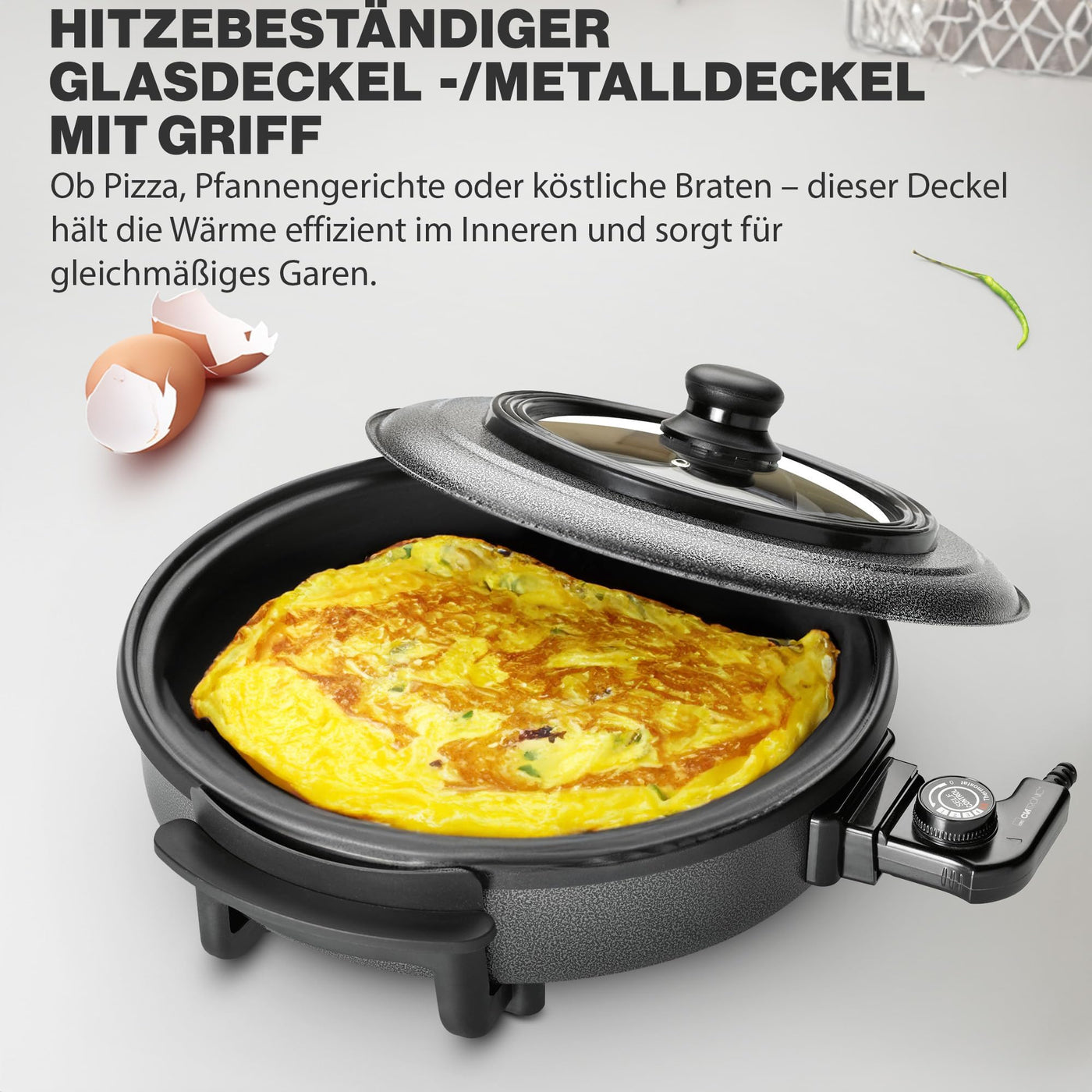 Clatronic® Pizza-/Partypfanne | Multifunktionspfanne zum Kochen, Braten, Dünsten und Warmhalten | Antihaftbeschichteter Bräter | elektrische Bratpfanne Inkl. Glasdeckel | PP 3402